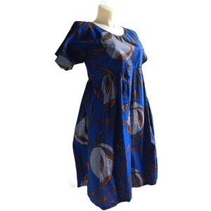 African Print Dress Size 10 or 12 Cotton Blue Orange Handcrafted